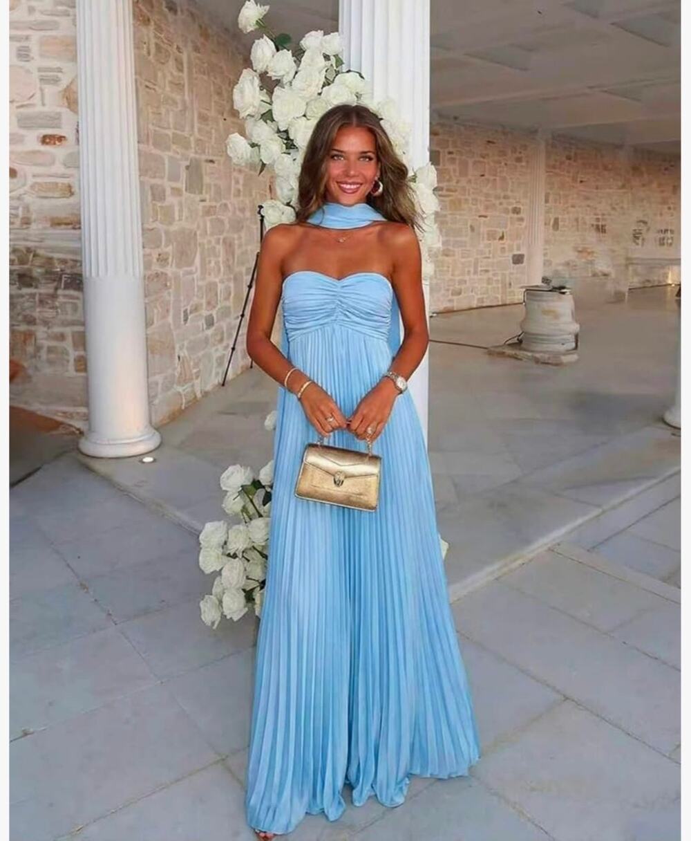Pleated strapless chiffon baby blue bridesmaid formal dress evening dress  SZ 12